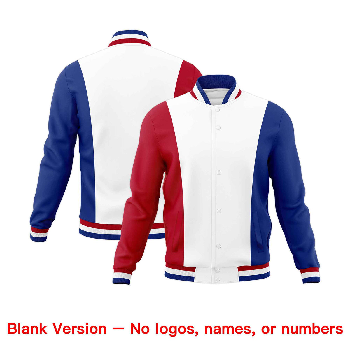 Custom White Red Royal Blue Personalization Varsity Full-Snap Three Color Blocks Letterman Jacket| KXKSHOP