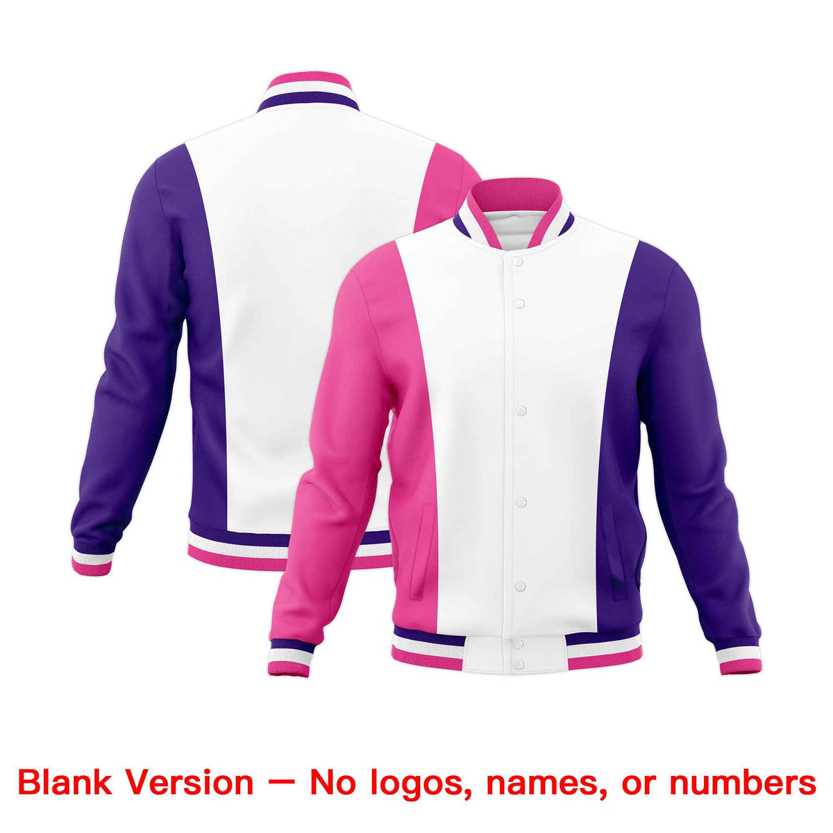 Custom White Pink Purple Personalization Varsity Full-Snap Three Color Blocks Letterman Jacket| KXKSHOP
