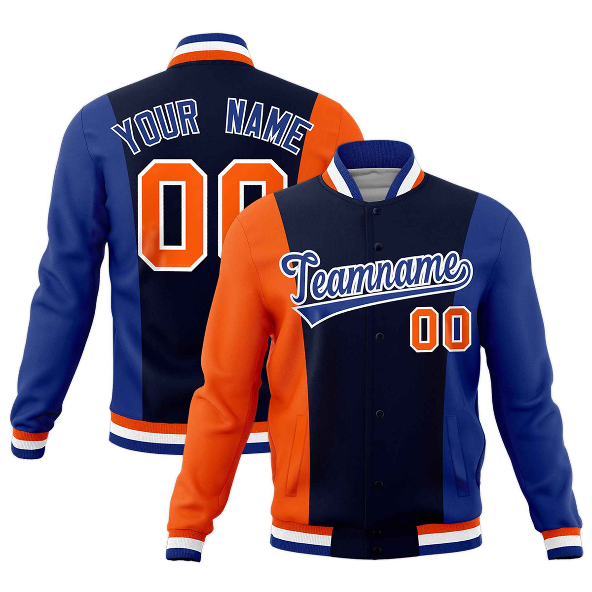 Custom Navy Orange Royal Blue Personalization Varsity Full-Snap Three Color Blocks Letterman Jacket| KXKSHOP