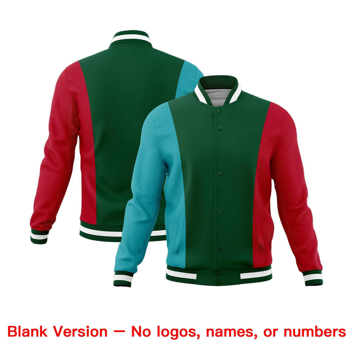 Custom Green Aqua Red Personalization Varsity Full-Snap Three Color Blocks Letterman Jacket| KXKSHOP