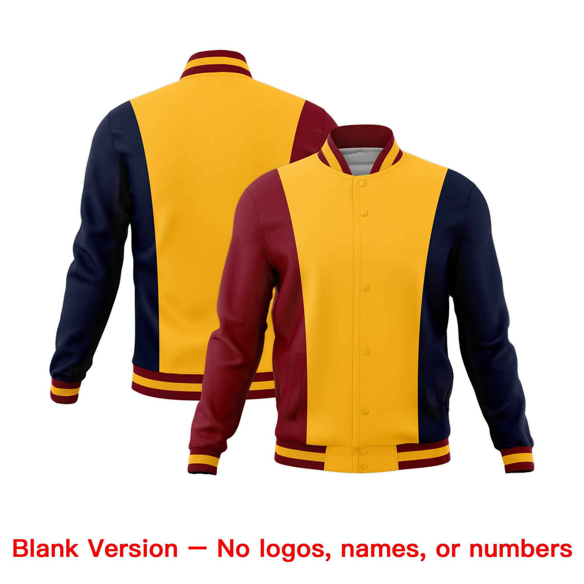 Custom Yellow Crimson Navy Personalization Varsity Full-Snap Three Color Blocks Letterman Jacket| KXKSHOP
