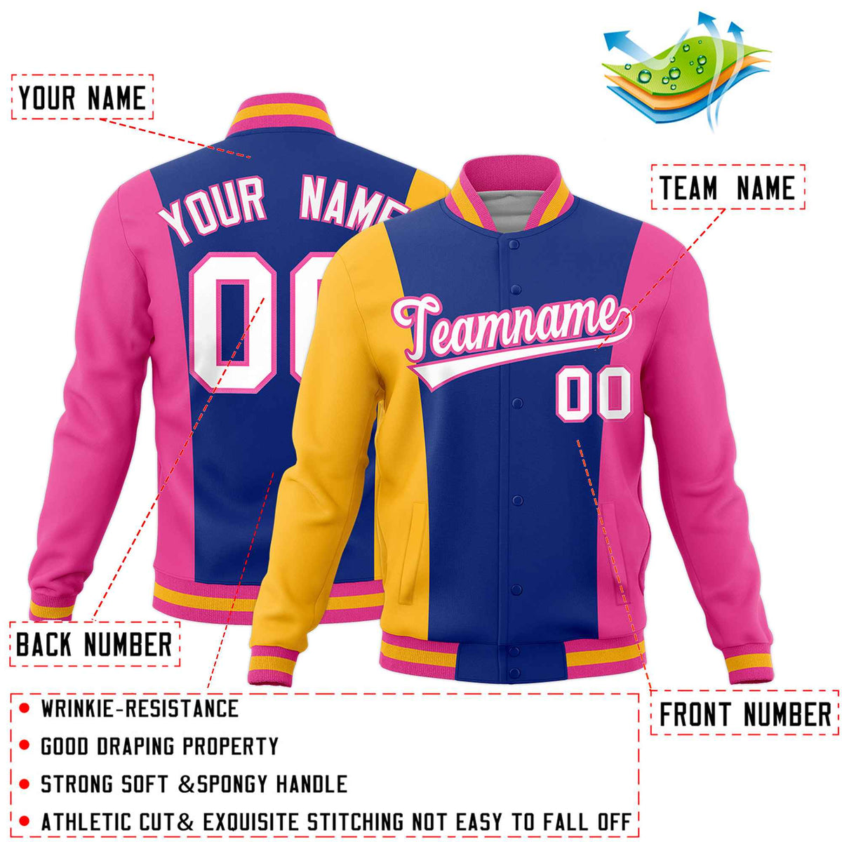 Custom Yellow Royal Blue Pink Personalization Varsity Full-Snap Three Color Blocks Letterman Jacket| KXKSHOP