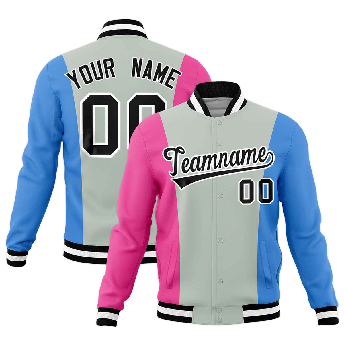 Custom Gray Pink Powder Blue Personalization Varsity Full-Snap Three Color Blocks Letterman Jacket| KXKSHOP