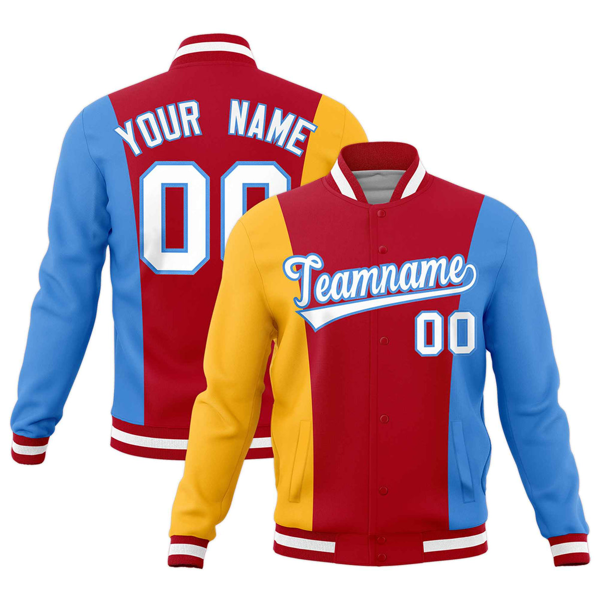 Custom Red Yellow Powder Blue Personalization Varsity Full-Snap Three Color Blocks Letterman Jacket| KXKSHOP