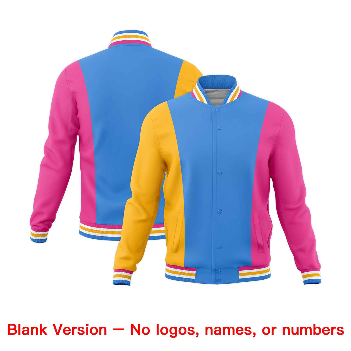 Custom Powder Blue Yellow Pink Personalization Varsity Full-Snap Three Color Blocks Letterman Jacket| KXKSHOP