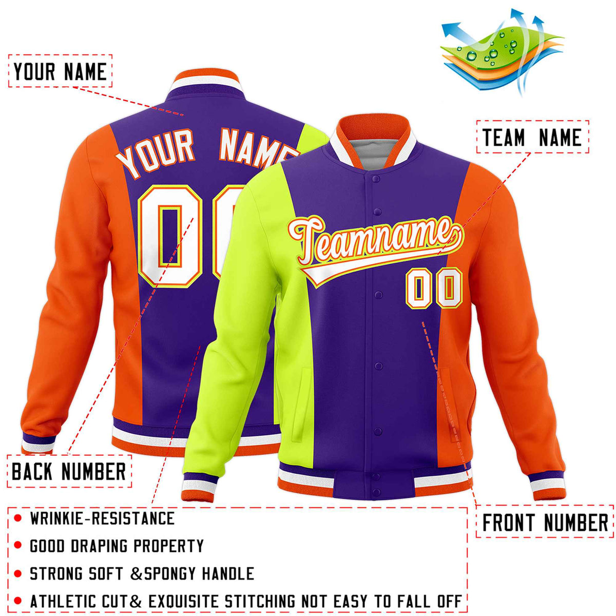 Custom Purple Fluorescent Green Yellow Personalization Varsity Full-Snap Three Color Blocks Letterman Jacket| KXKSHOP
