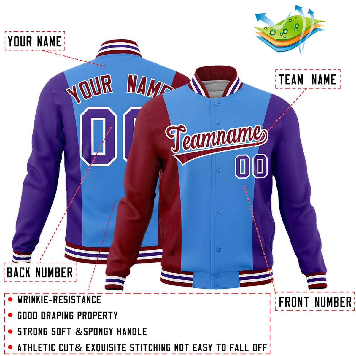 Custom Powder Blue Crimson Purple Personalization Varsity Full-Snap Three Color Blocks Letterman Jacket| KXKSHOP