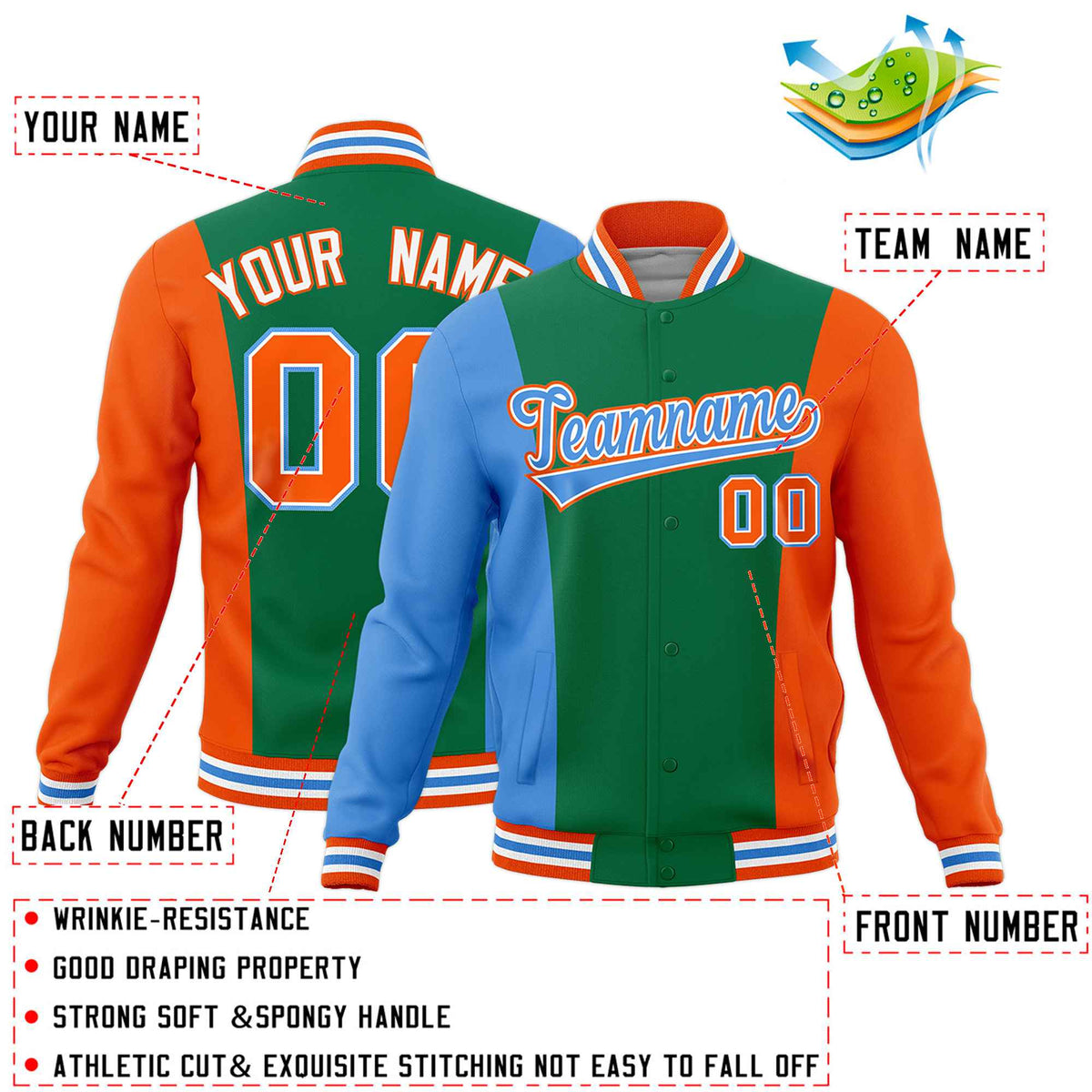 Custom Kelly Green Powder Blue Orange Personalization Varsity Full-Snap Three Color Blocks Letterman Jacket| KXKSHOP