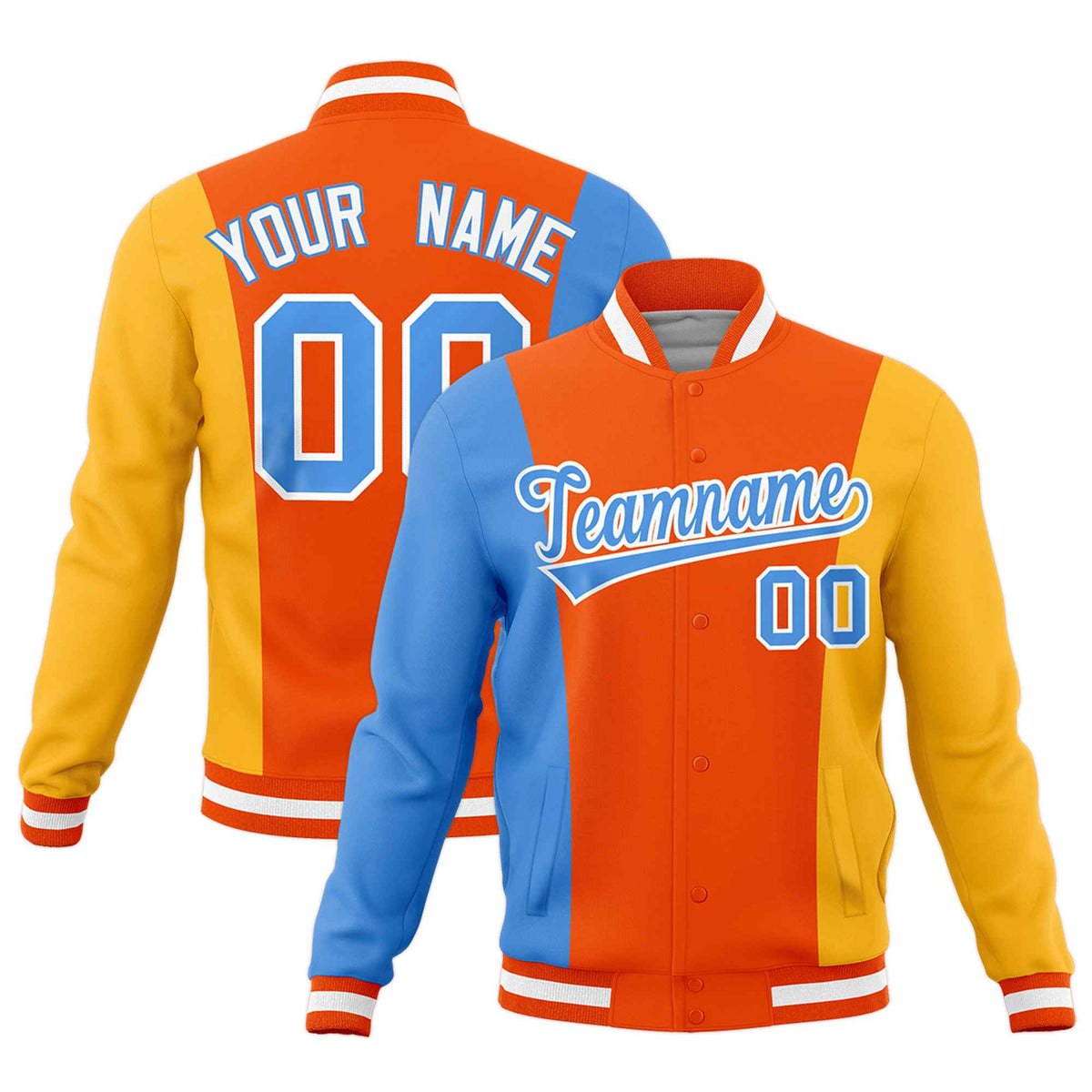 Custom Powder Blue Orange Yellow Personalization Varsity Full-Snap Three Color Blocks Letterman Jacket| KXKSHOP
