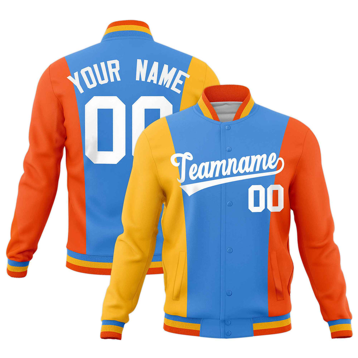 Custom Powder Blue Yellow Orange Personalization Varsity Full-Snap Three Color Blocks Letterman Jacket| KXKSHOP