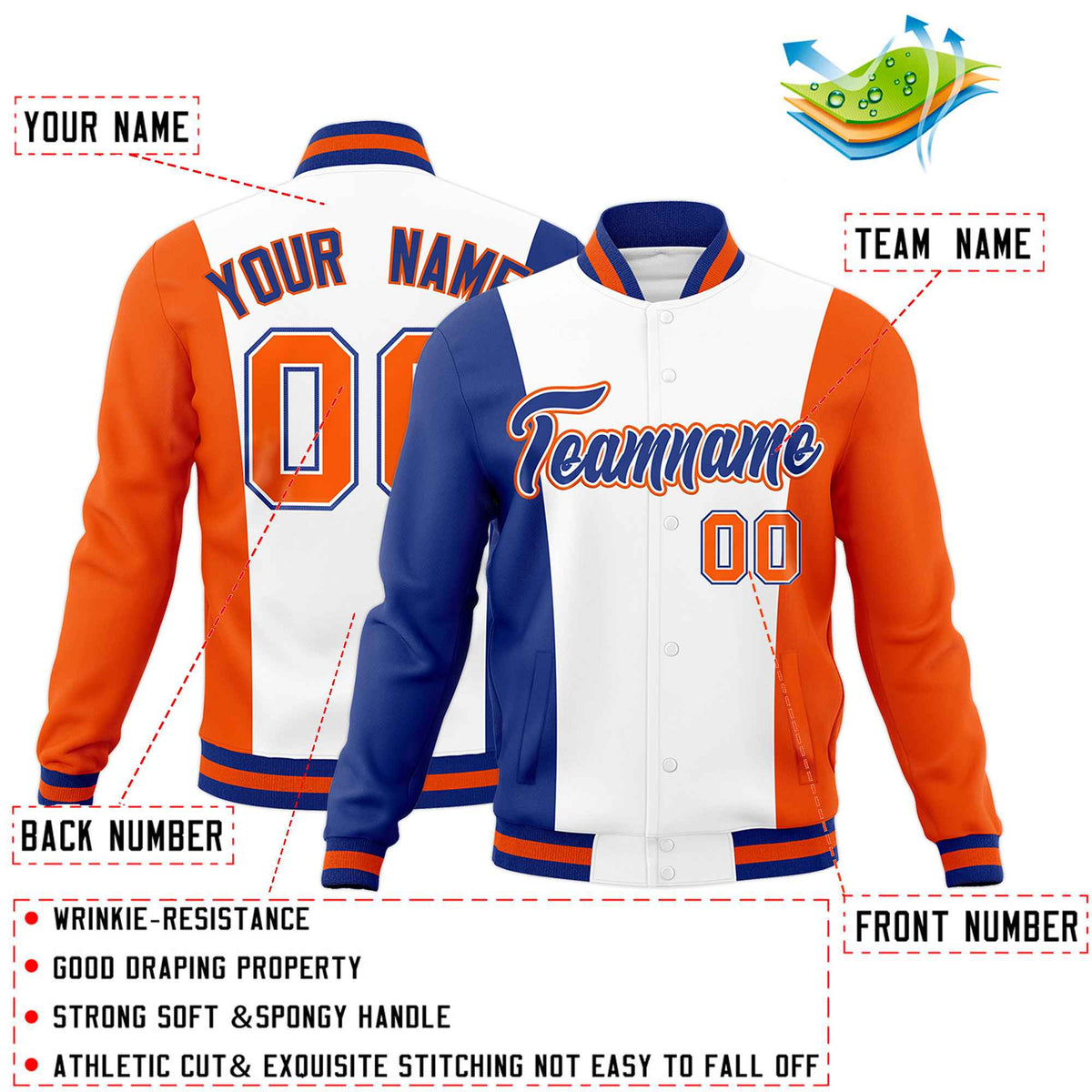 Custom White Royal Blue Orange Personalization Varsity Full-Snap Three Color Blocks Letterman Jacket