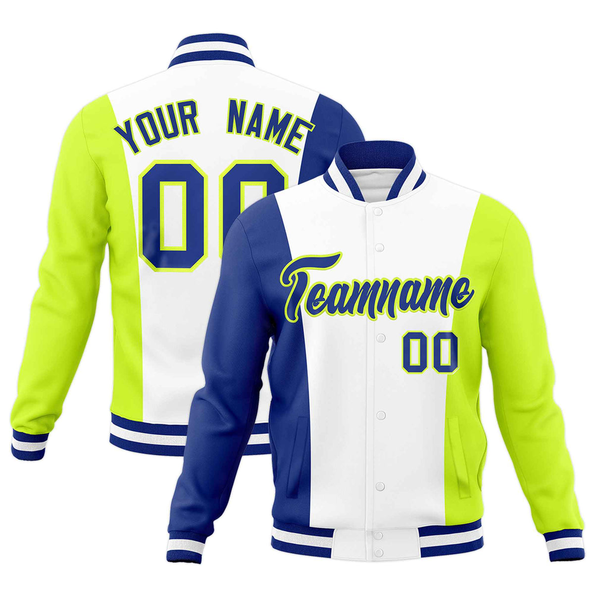 Custom White Royal Blue Fluorescent Green Personalization Varsity Full-Snap Three Color Blocks Letterman Jacket