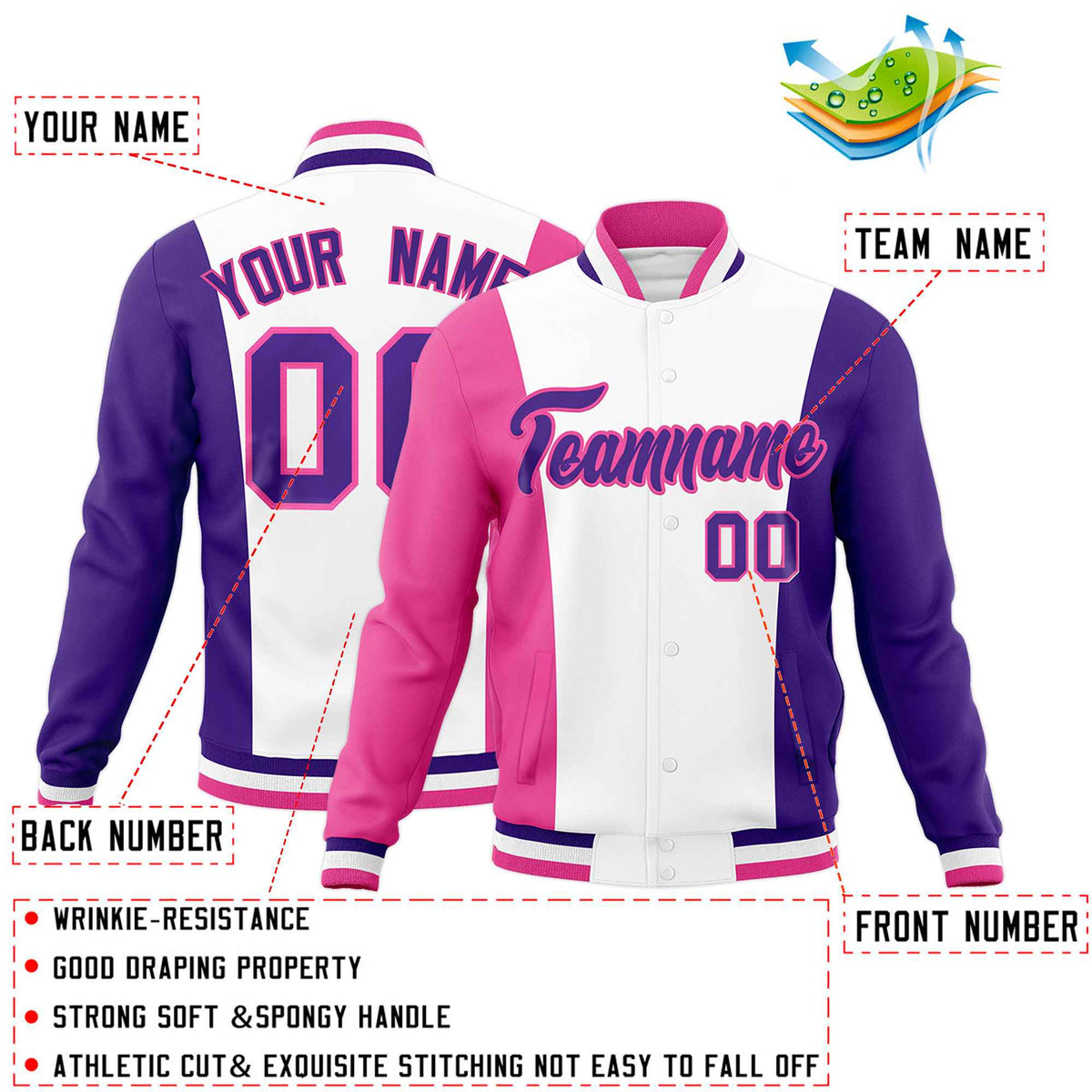 Custom White Pink Purple Personalization Varsity Full-Snap Three Color Blocks Letterman Jacket