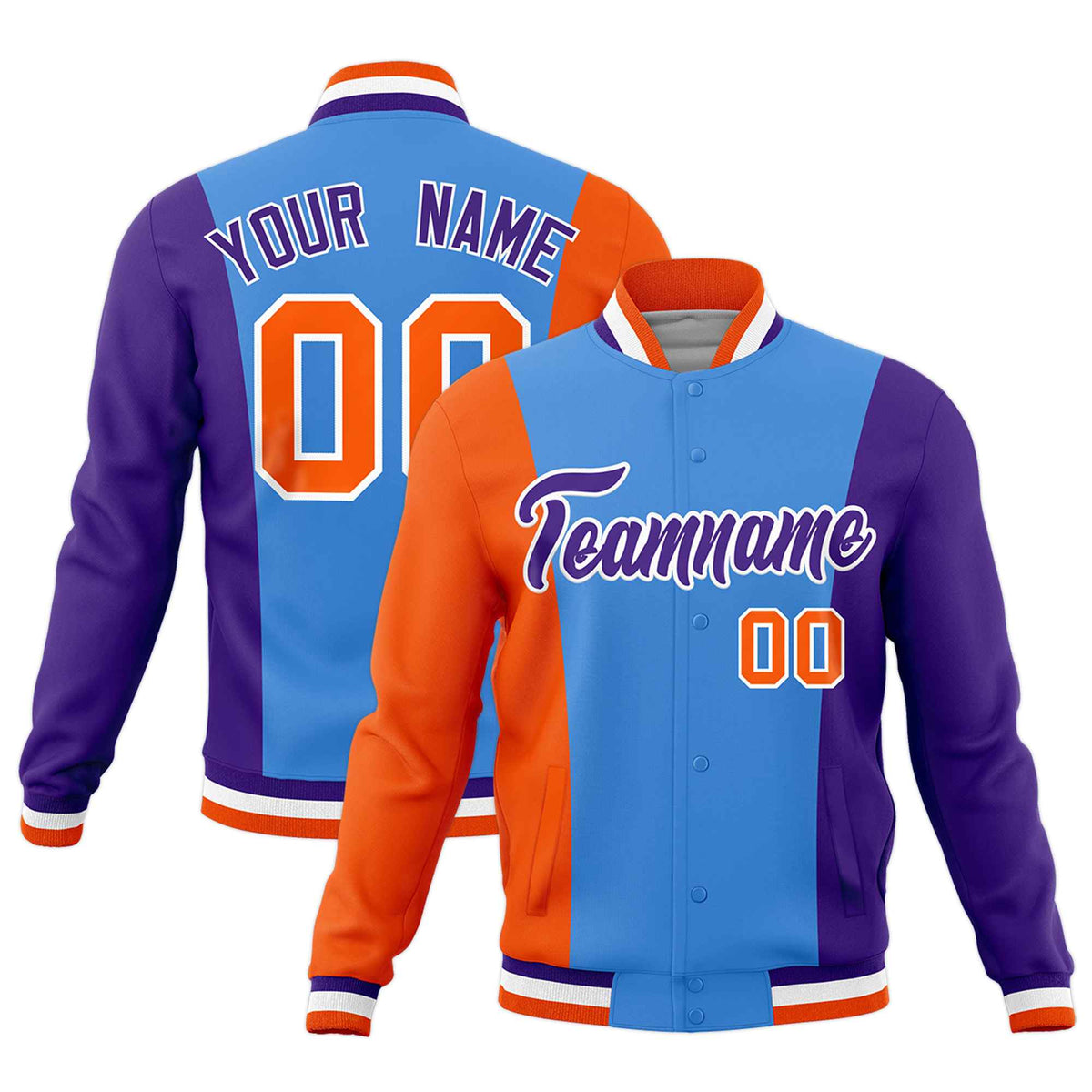 Custom Powder Blue Orange Purple Personalization Varsity Full-Snap Three Color Blocks Letterman Jacket