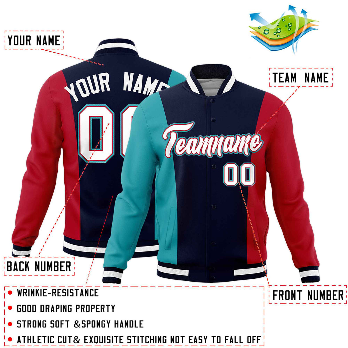 Custom Navy Aqua Red Personalization Varsity Full-Snap Three Color Blocks Letterman Jacket