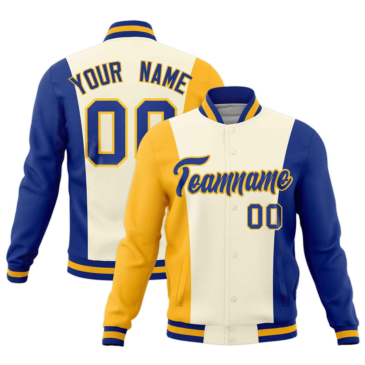 Custom Yellow Cream Royal Blue Personalization Varsity Full-Snap Three Color Blocks Letterman Jacket