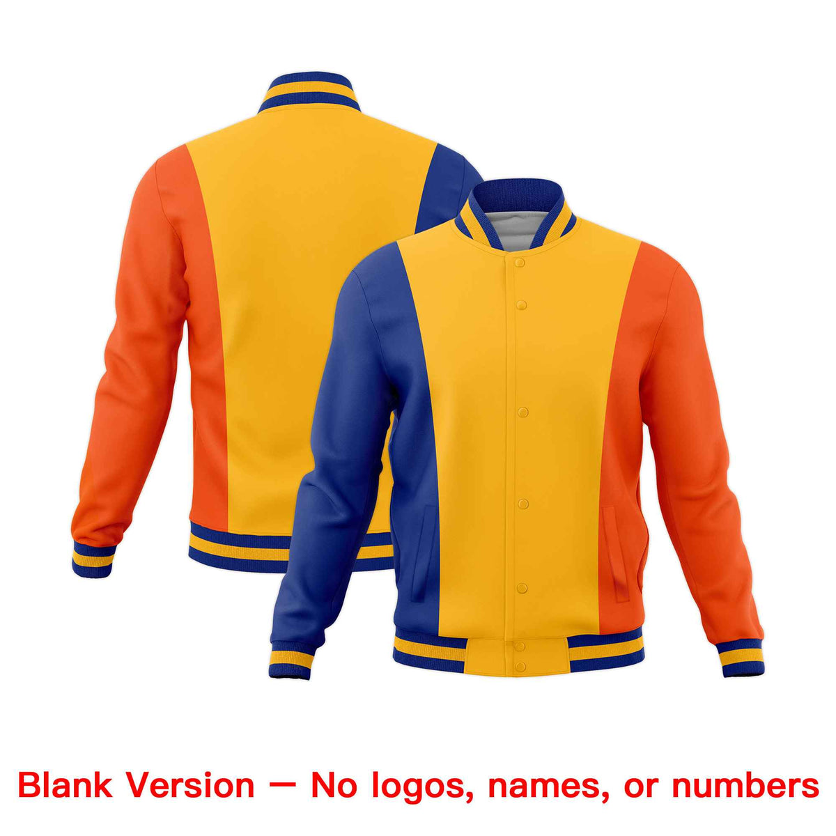 Custom Royal Blue Yellow Orange Personalization Varsity Full-Snap Three Color Blocks Letterman Jacket