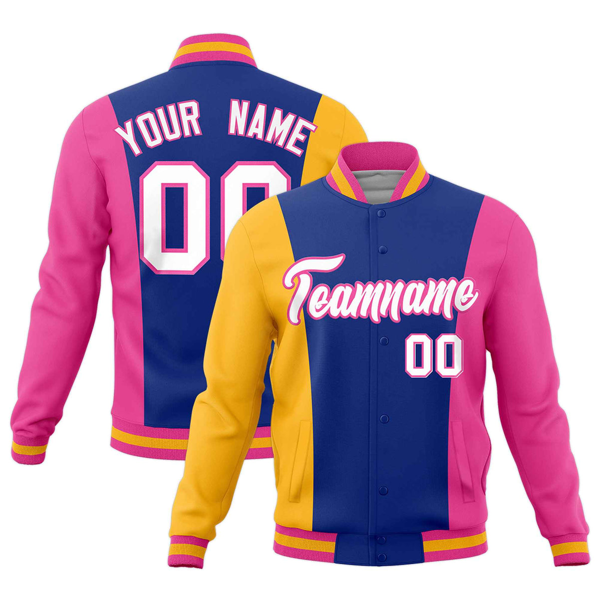 Custom Yellow Royal Blue Pink Personalization Varsity Full-Snap Three Color Blocks Letterman Jacket
