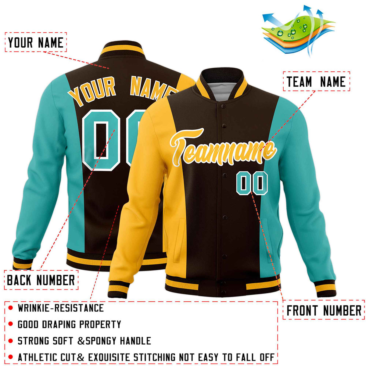 Custom Brown Yellow Teal Personalization Varsity Full-Snap Three Color Blocks Letterman Jacket