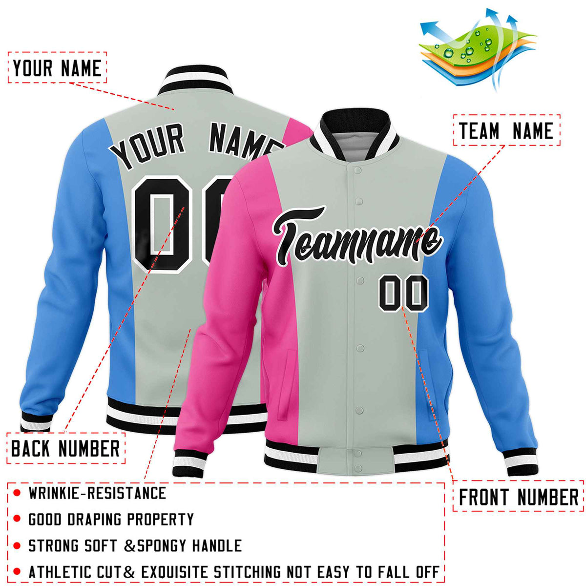 Custom Gray Pink Powder Blue Personalization Varsity Full-Snap Three Color Blocks Letterman Jacket
