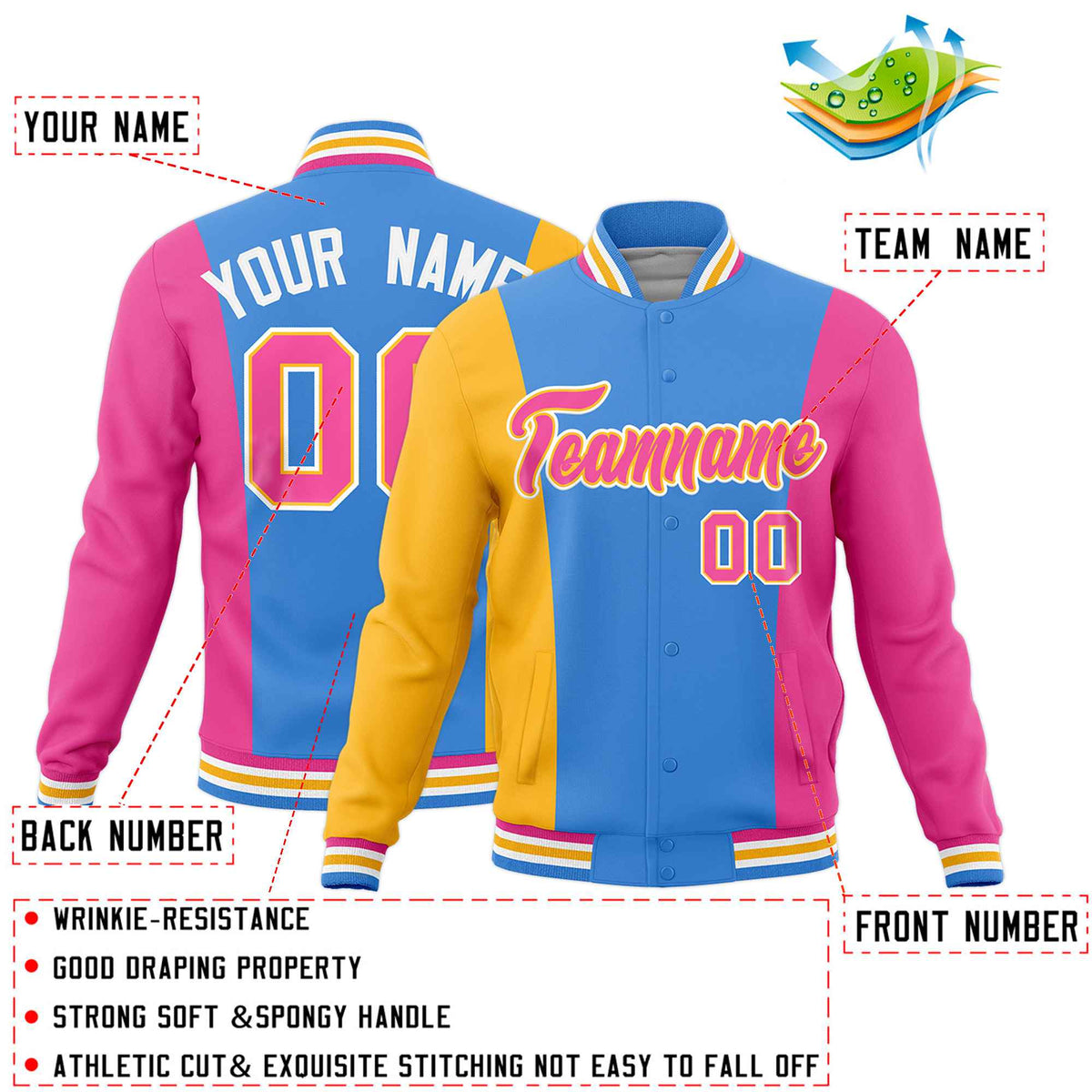 Custom Powder Blue Yellow Pink Personalization Varsity Full-Snap Three Color Blocks Letterman Jacket