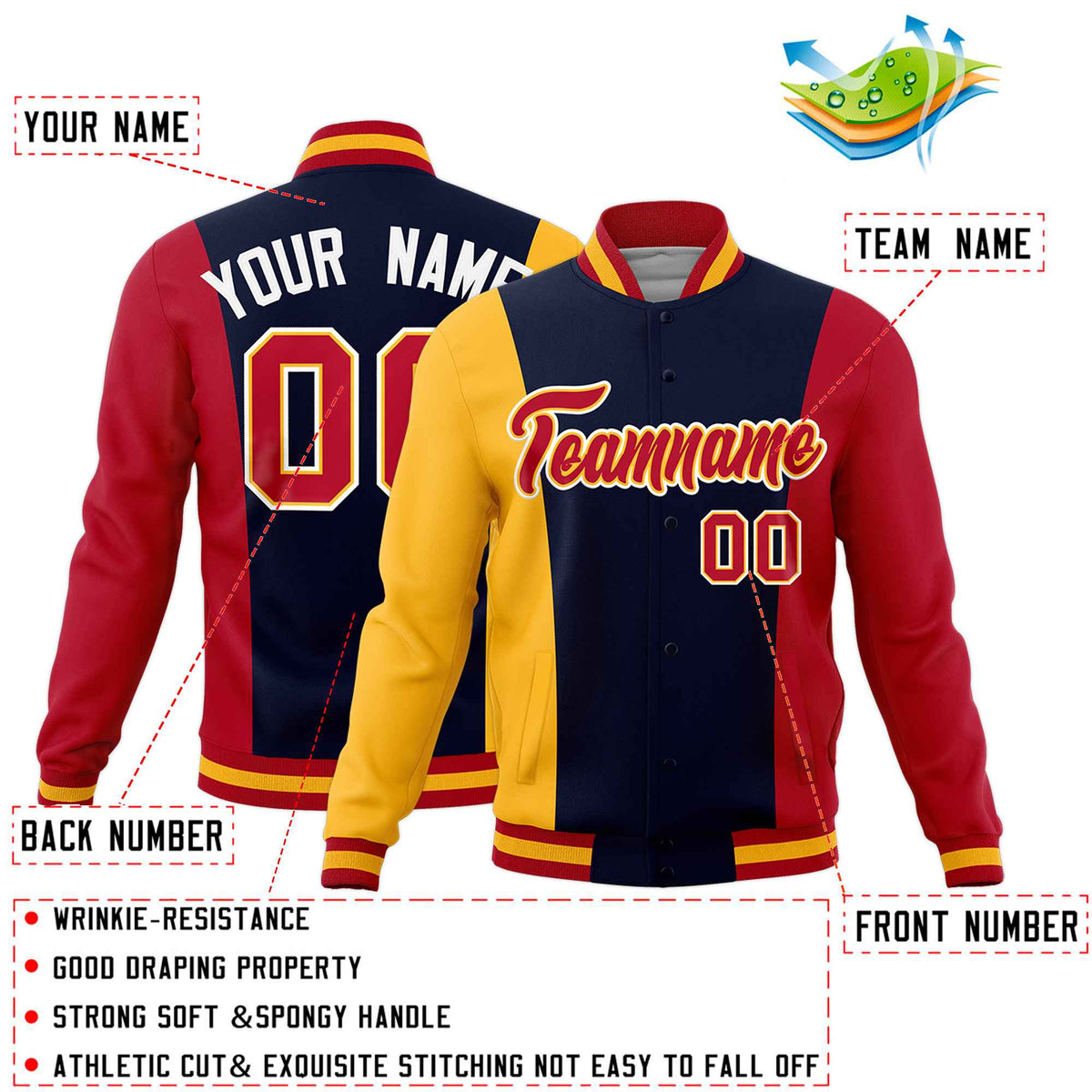 Custom Navy Yellow Red Personalization Varsity Full-Snap Three Color Blocks Letterman Jacket
