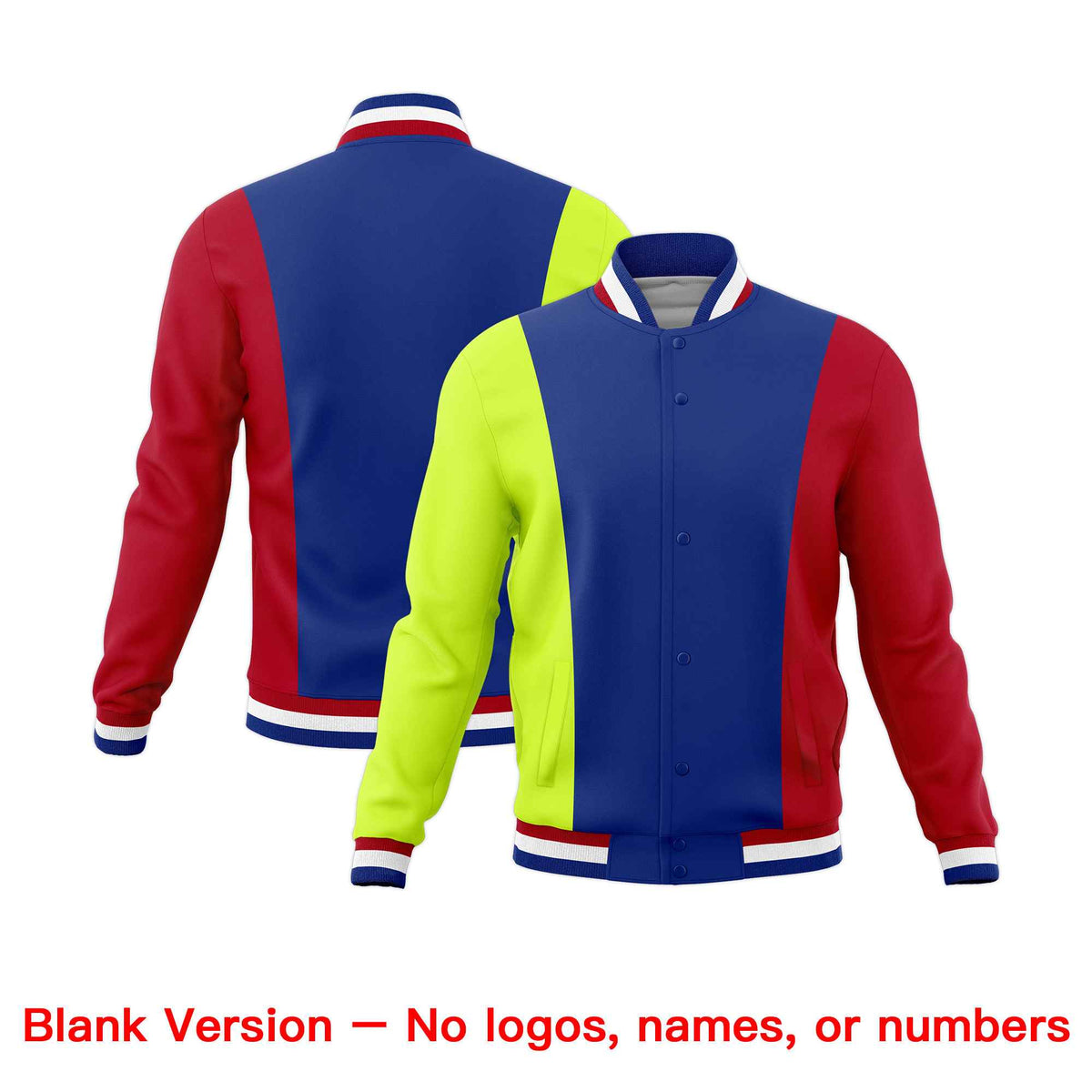 Custom Royal Blue Fluorescent Green Red Personalization Varsity Full-Snap Three Color Blocks Letterman Jacket