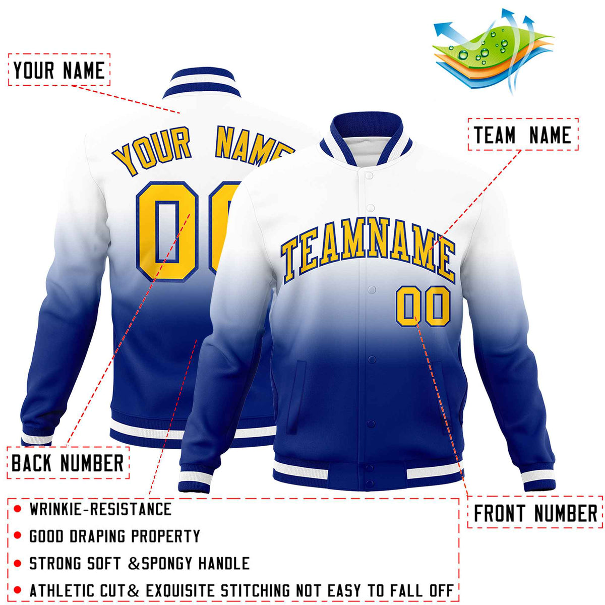 Custom White Royal Full-Snap Varsity Personalization Gradient Fashion Letterman Jacket