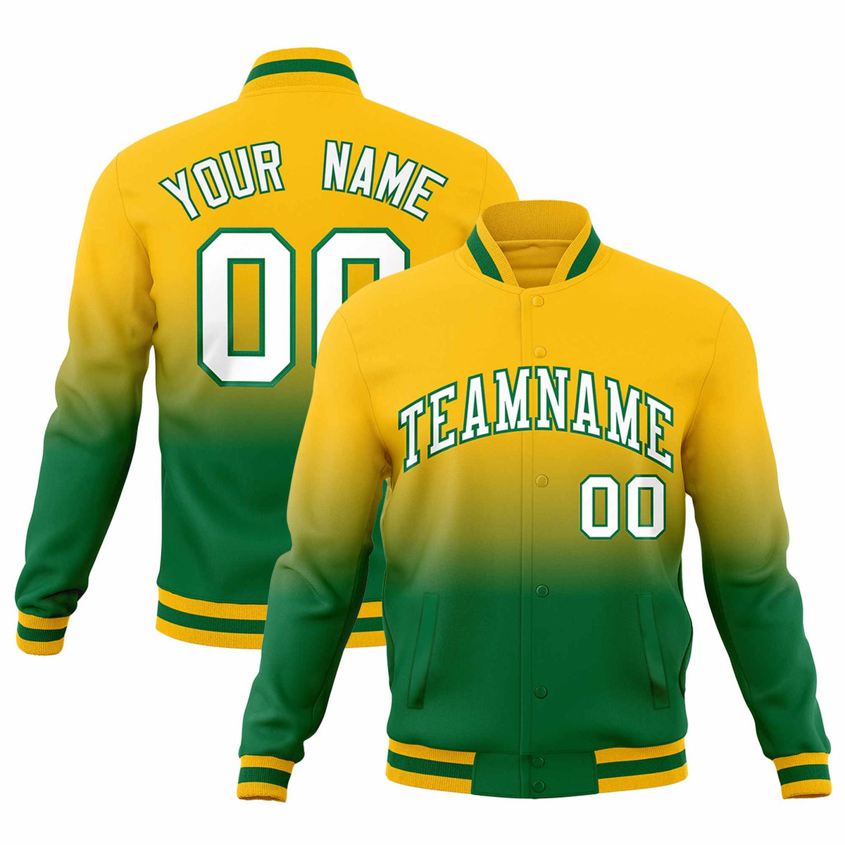 Custom Yellow Kelly Green Full-Snap Varsity Personalization Gradient Fashion Letterman Jacket