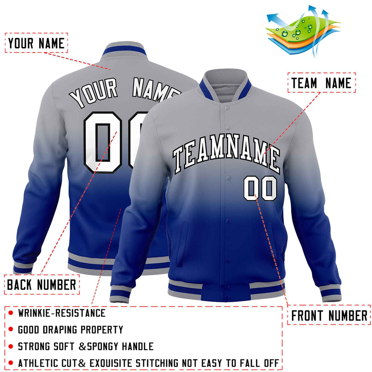 Custom Gray Royal Blue Full-Snap Varsity Personalization Gradient Fashion Letterman Jacket