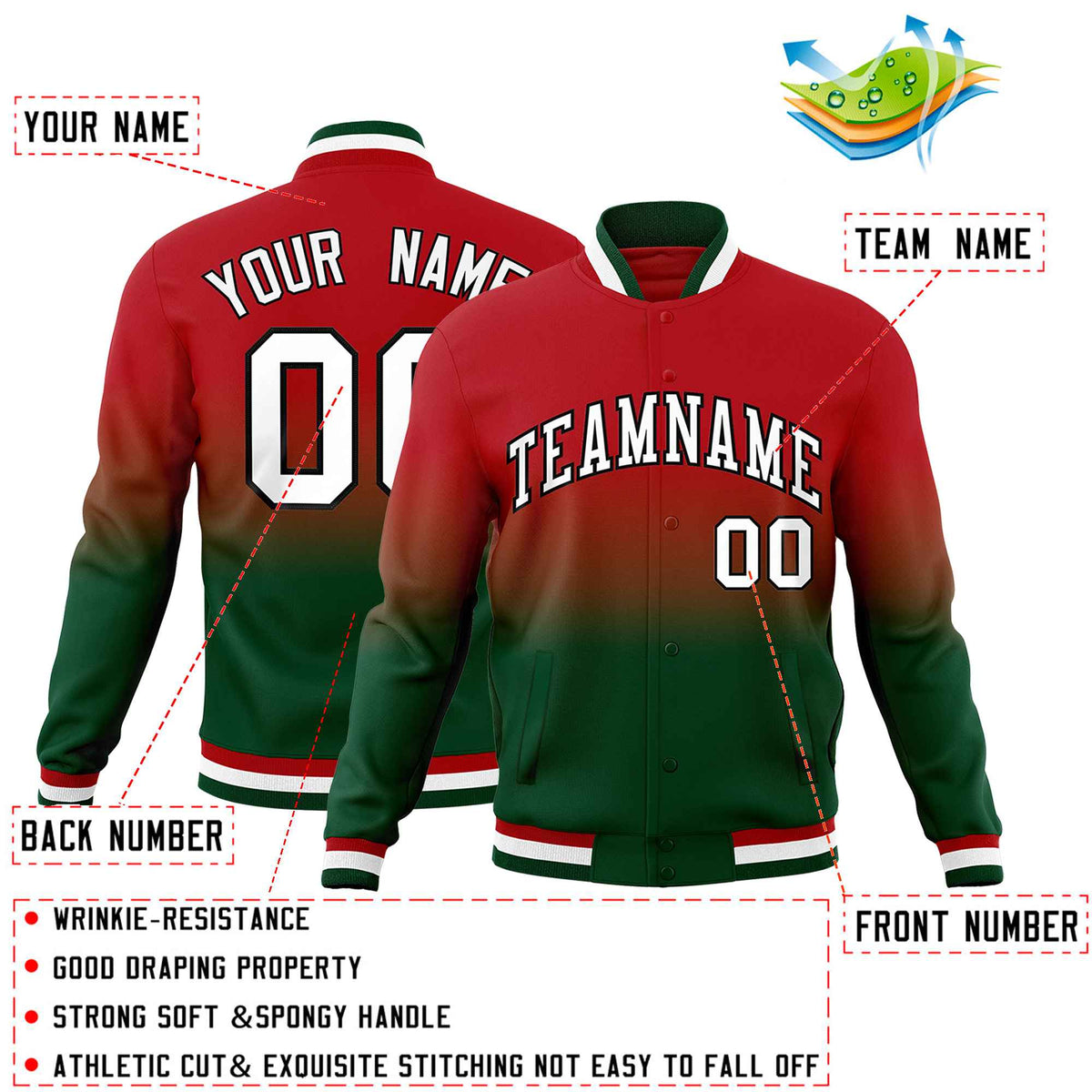 Custom Red Green Full-Snap Varsity Personalization Gradient Fashion Letterman Jacket