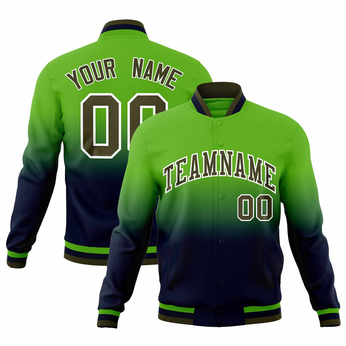 Custom Green Navy Full-Snap Varsity Personalization Gradient Fashion Letterman Jacket