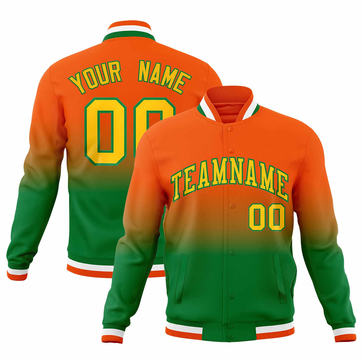 Custom Kelly Green Orange Full-Snap Varsity Personalization Gradient Fashion Letterman Jacket