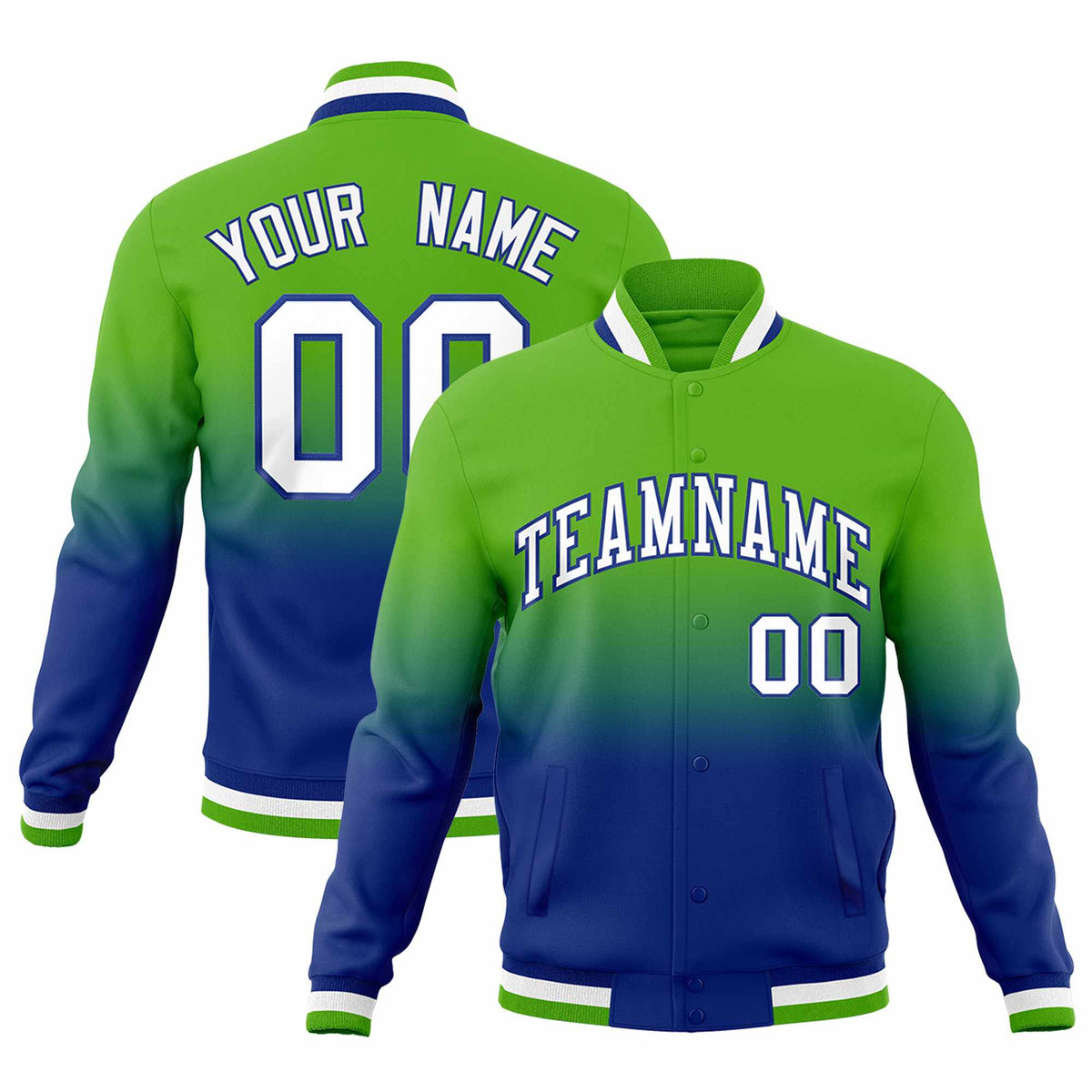 Custom Royal Green Full-Snap Varsity Personalization Gradient Fashion Letterman Jacket