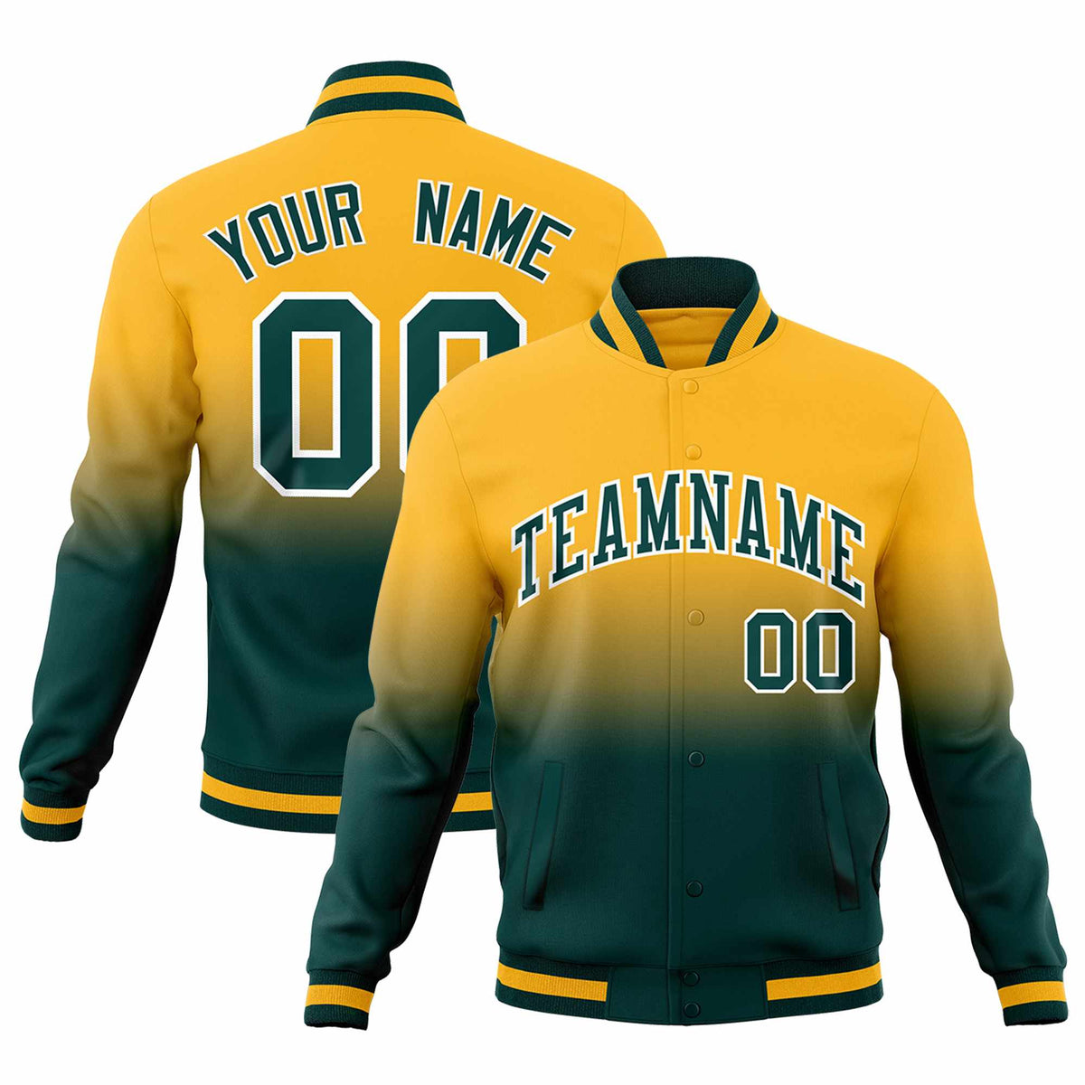 Custom Gold Midnight Green Full-Snap Varsity Personalization Gradient Fashion Letterman Jacket
