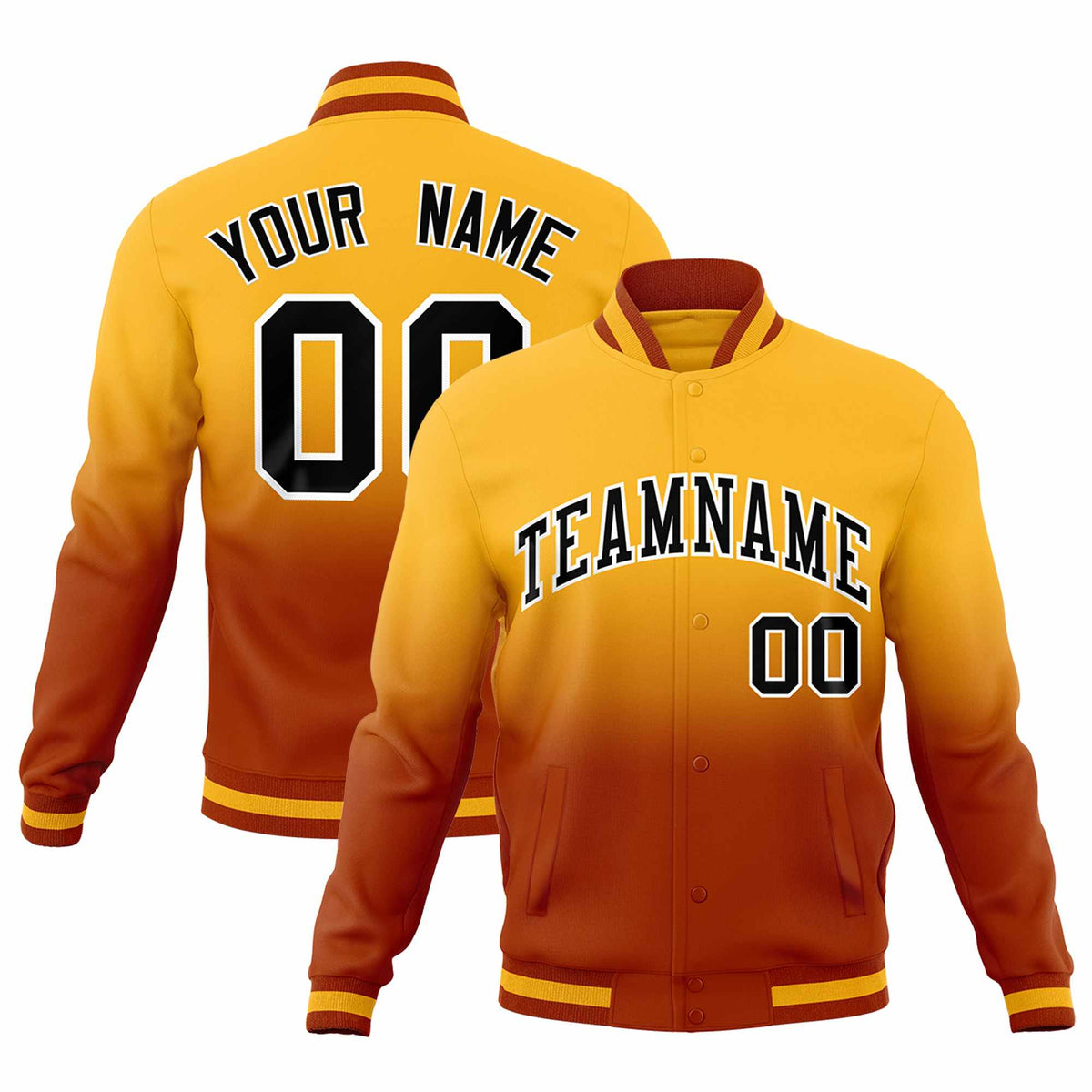 Custom Gold Dark Orange Full-Snap Varsity Personalization Gradient Fashion Letterman Jacket