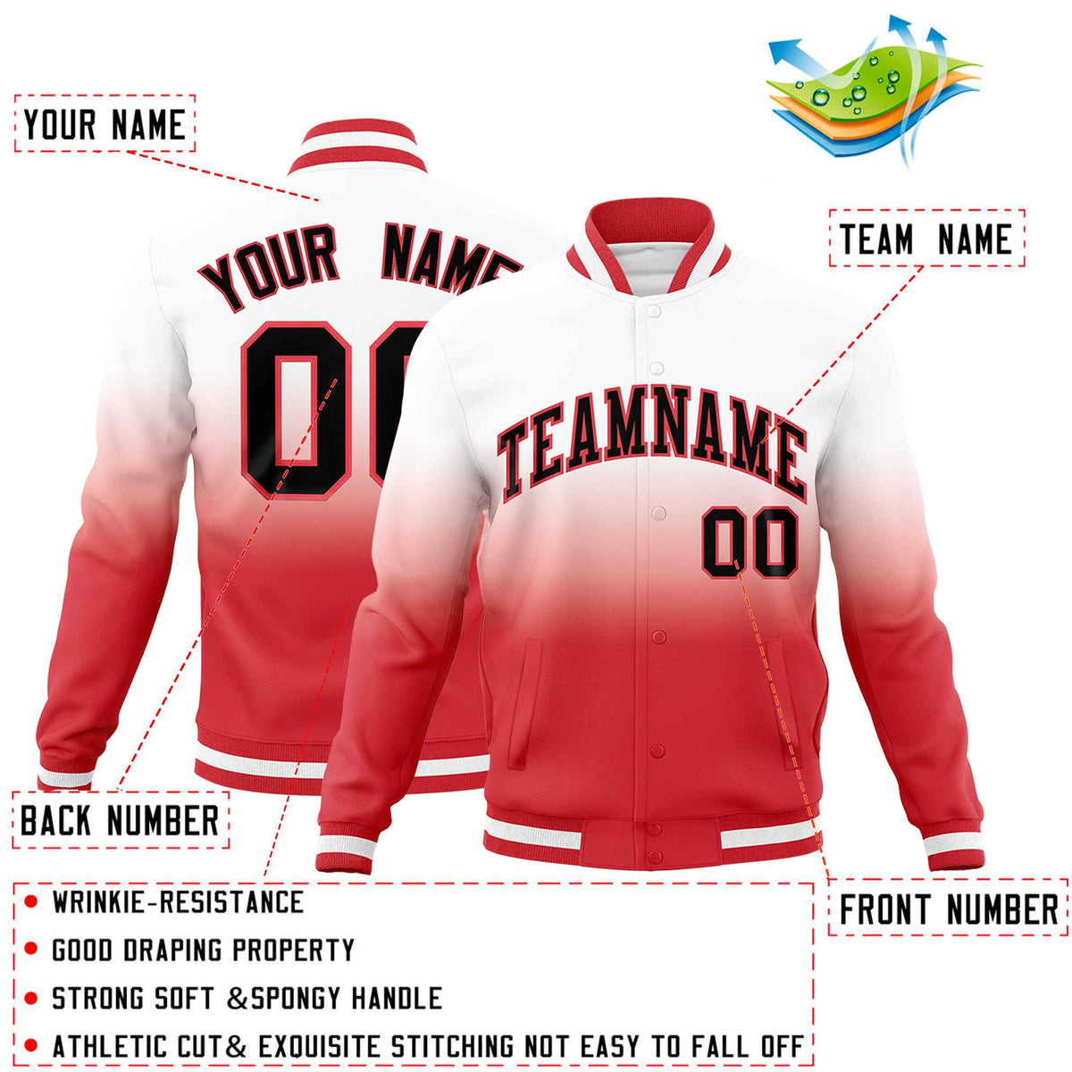 Custom White Light Red Full-Snap Varsity Personalization Gradient Fashion Letterman Jacket