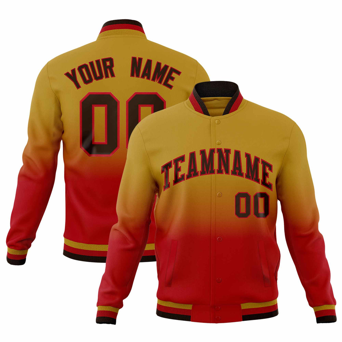 Custom Old Gold Red Full-Snap Varsity Personalization Gradient Fashion Letterman Jacket