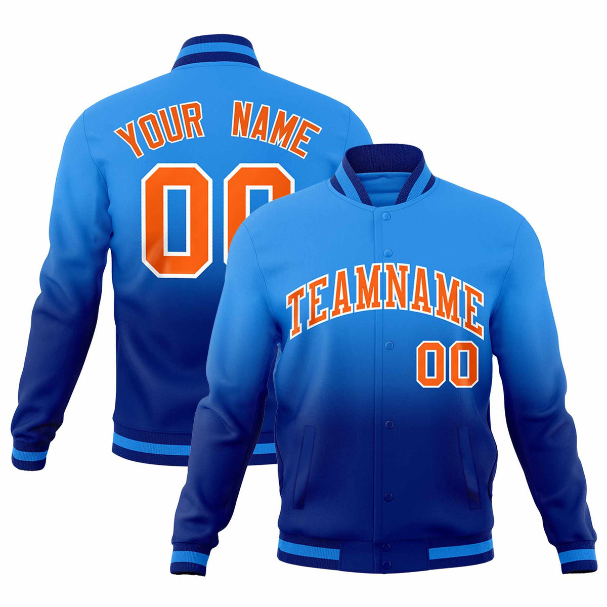 Custom Powder Blue Royal Full-Snap Varsity Personalization Gradient Fashion Letterman Jacket
