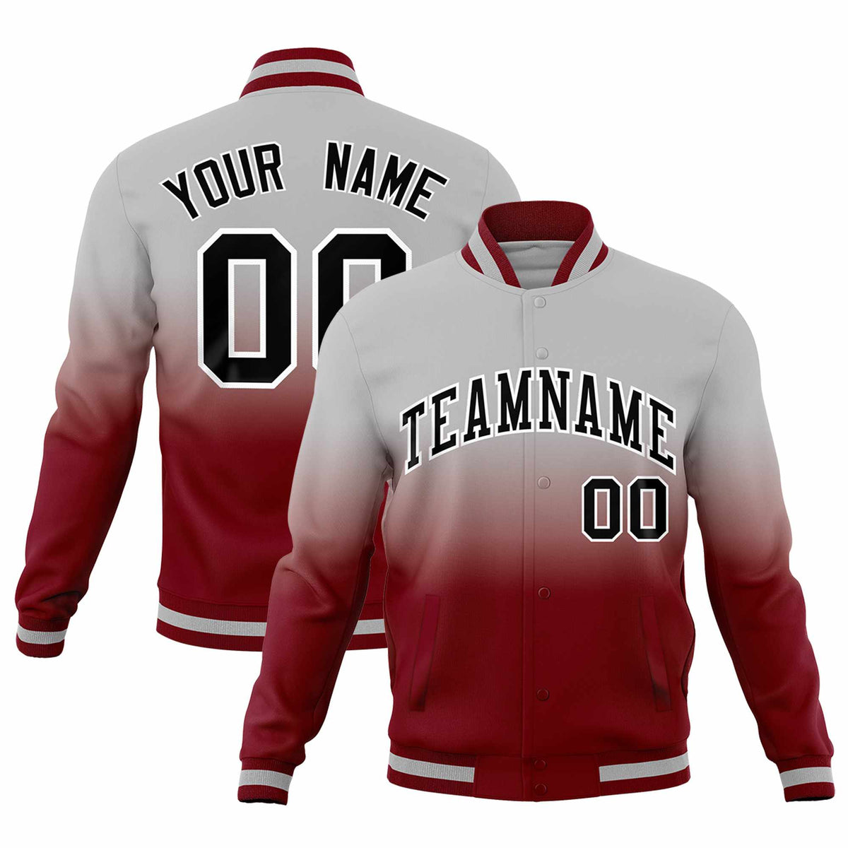 Custom Gray Crimson Full-Snap Varsity Personalization Gradient Fashion Letterman Jacket