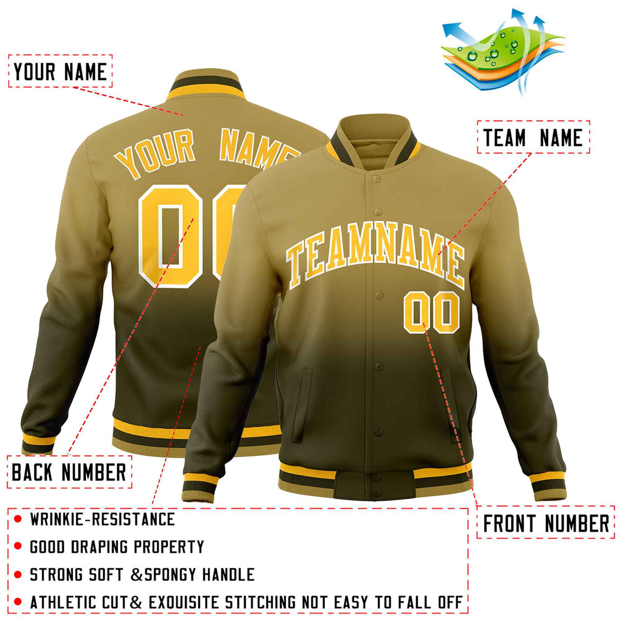 Custom Olive Desert Yellow Full-Snap Varsity Personalization Gradient Fashion Letterman Jacket