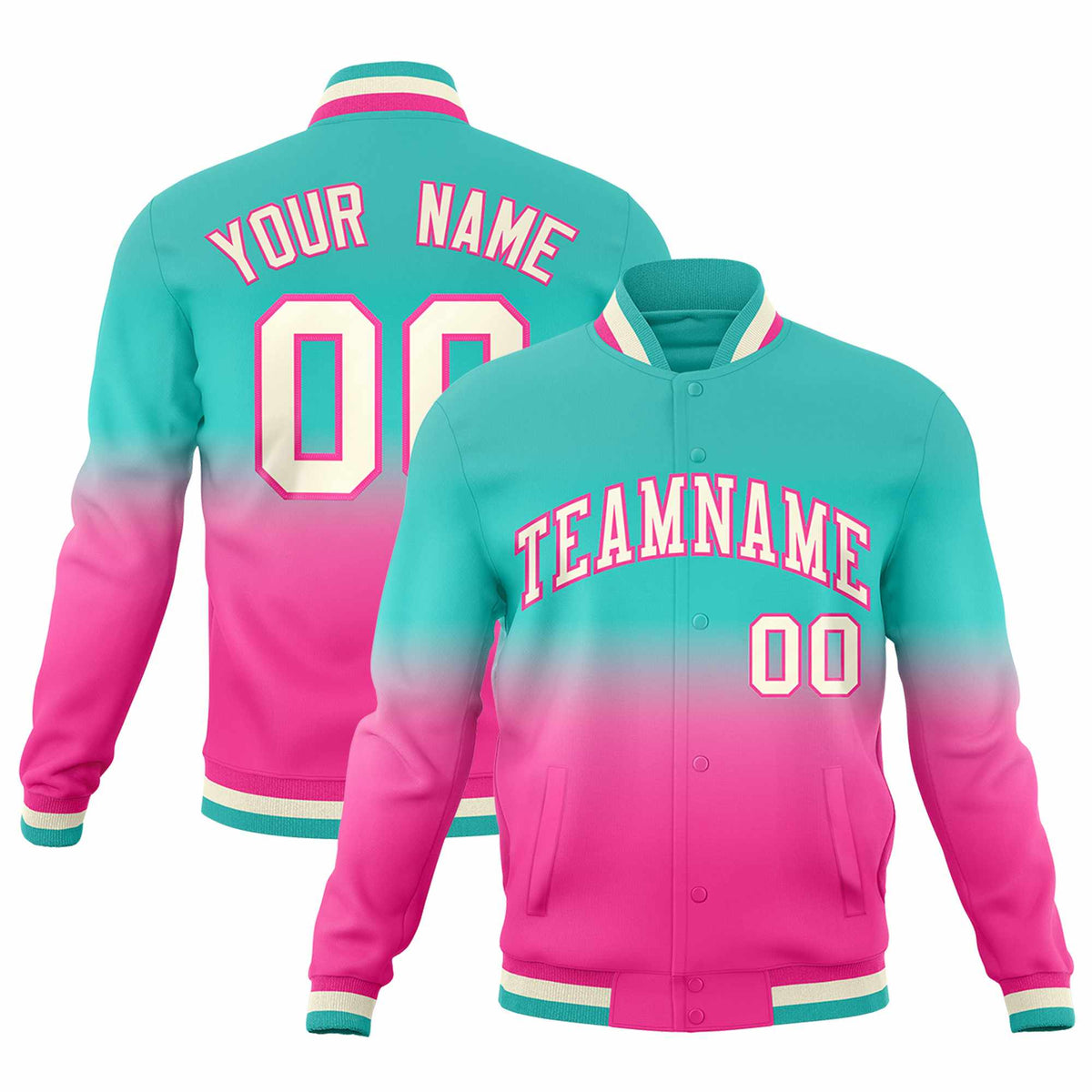 Custom Pink Bright Green Full-Snap Varsity Personalization Gradient Fashion Letterman Jacket
