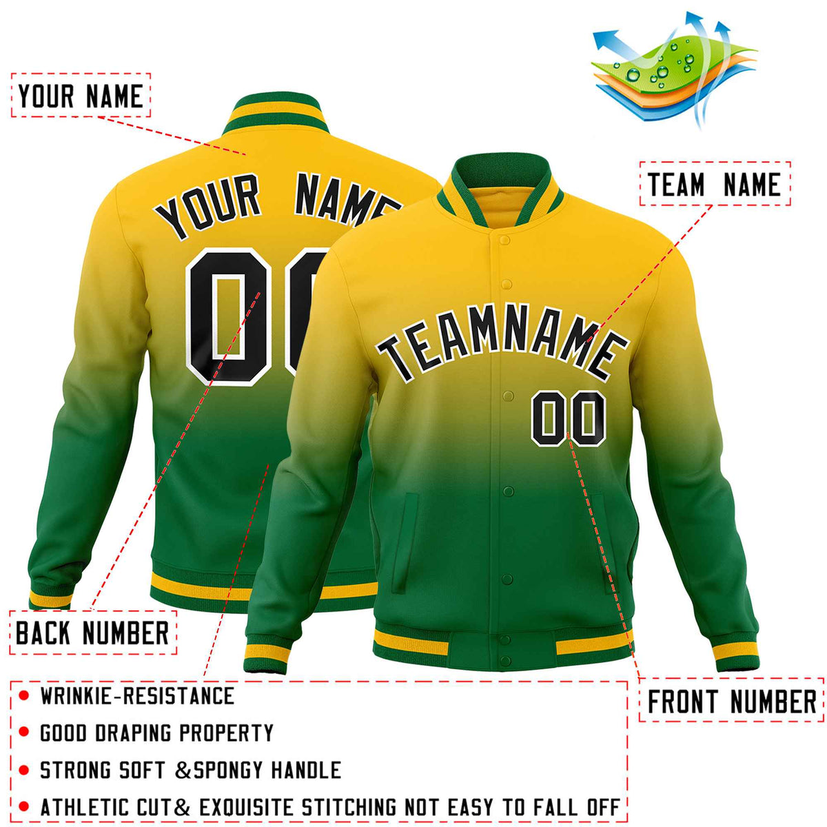 Custom Yellow Kelly Green Full-Snap Varsity Personalization Gradient Fashion Letterman Jacket
