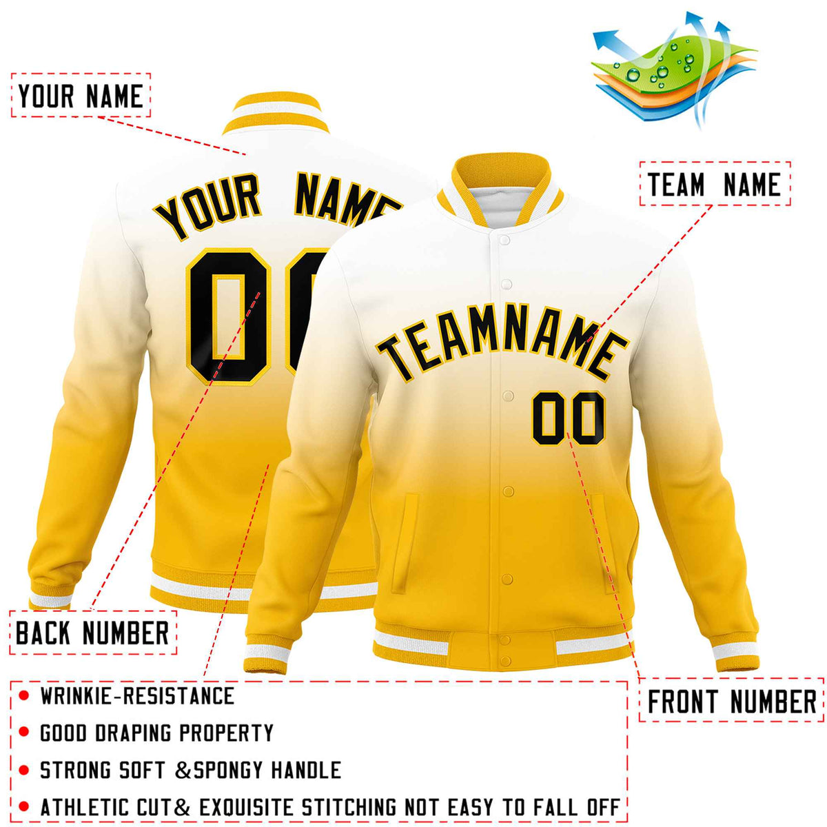 Custom Yellow White Full-Snap Varsity Personalization Gradient Fashion Letterman Jacket