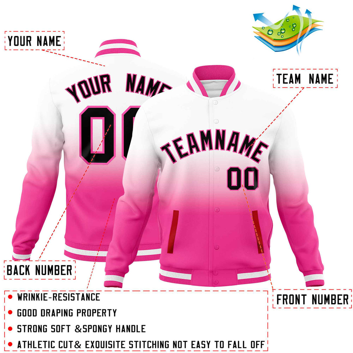 Custom White Pink Full-Snap Varsity Personalization Gradient Fashion Letterman Jacket