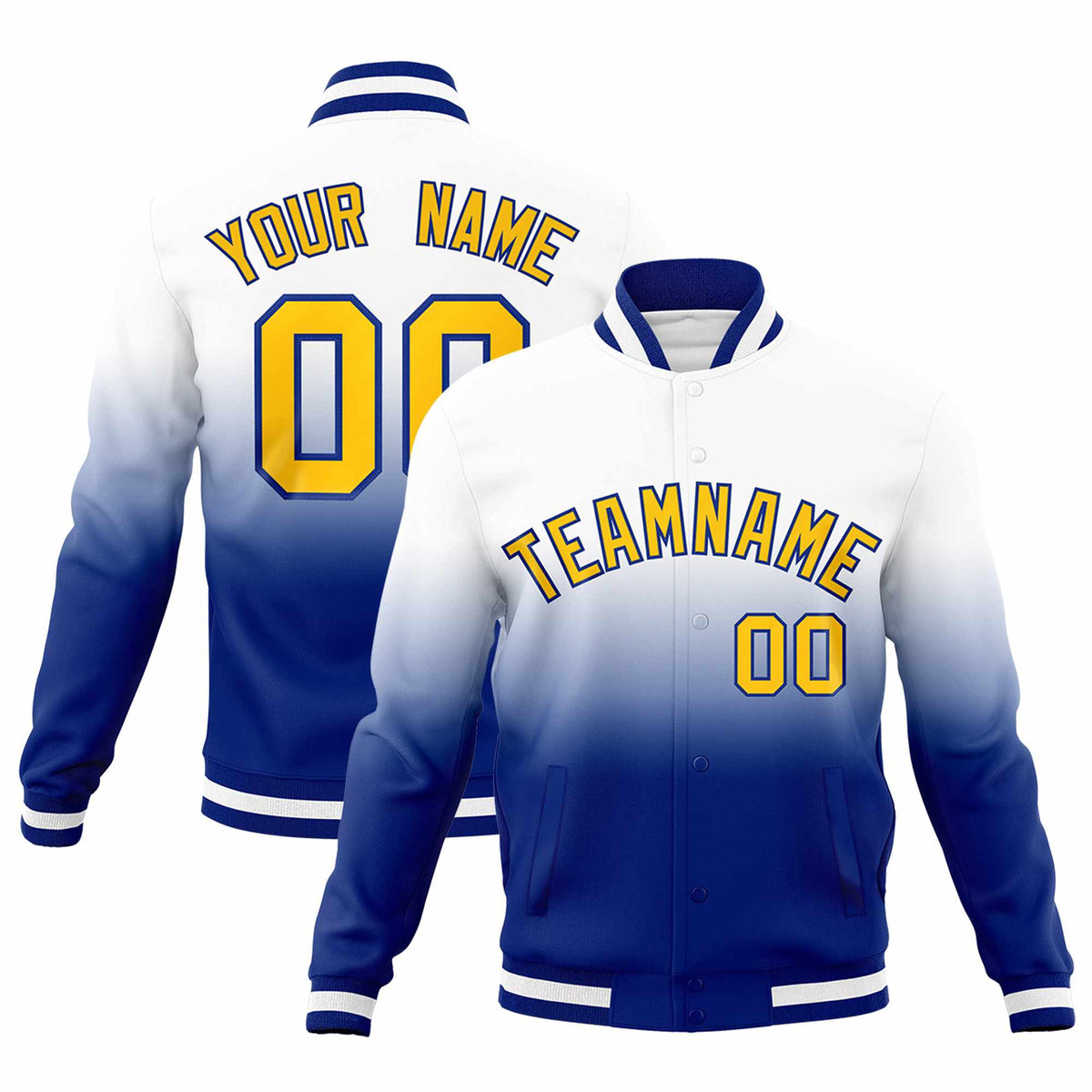 Custom White Royal Full-Snap Varsity Personalization Gradient Fashion Letterman Jacket