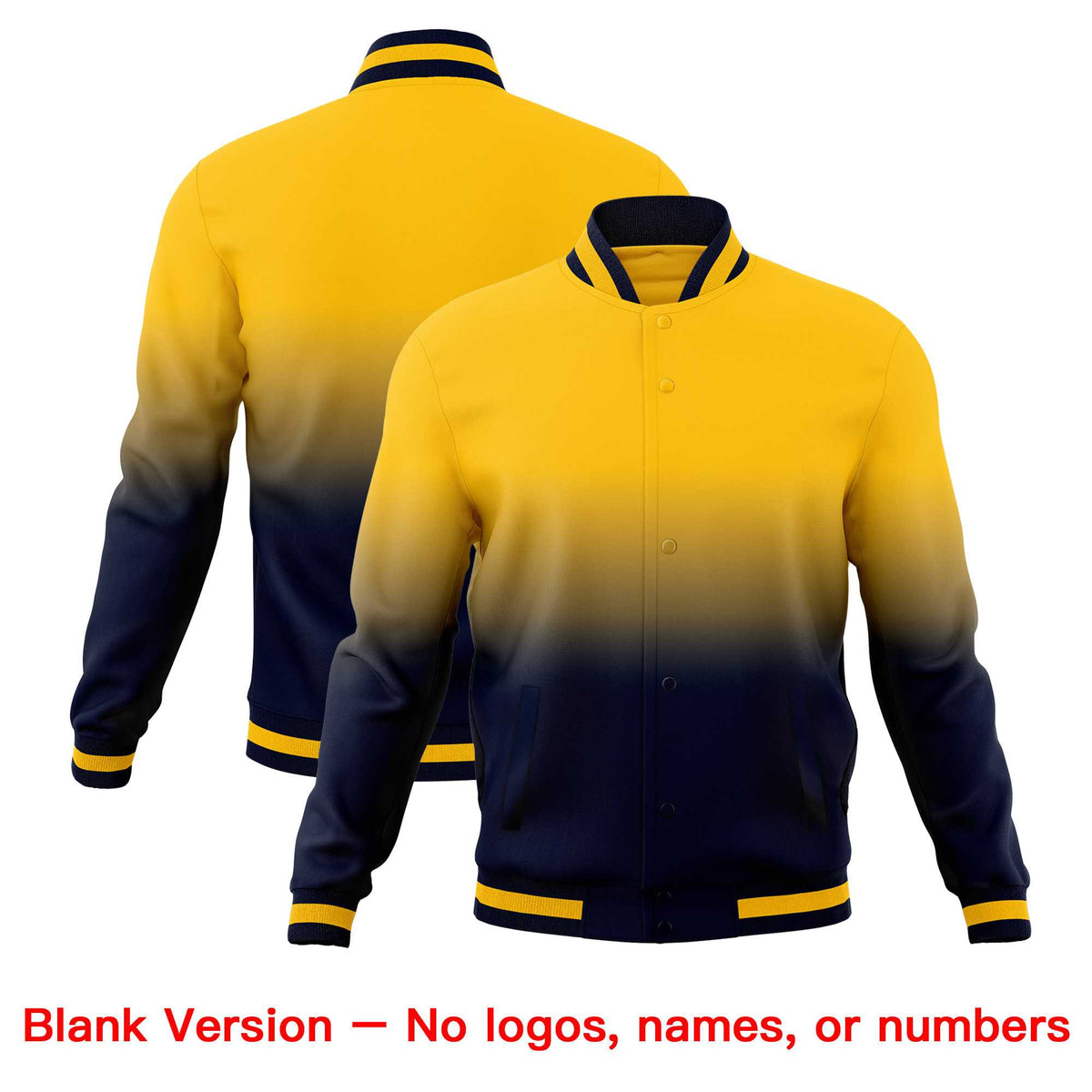 Custom Navy Yellow Full-Snap Varsity Personalization Gradient Fashion Letterman Jacket