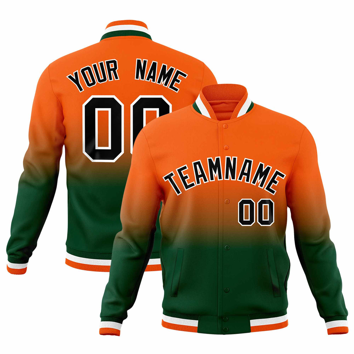 Custom Orange Green Full-Snap Varsity Personalization Gradient Fashion Letterman Jacket