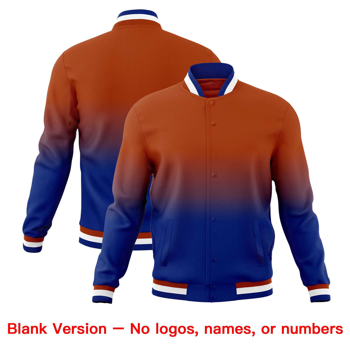 Custom Dark Orange Royal Blue Full-Snap Varsity Personalization Gradient Fashion Letterman Jacket