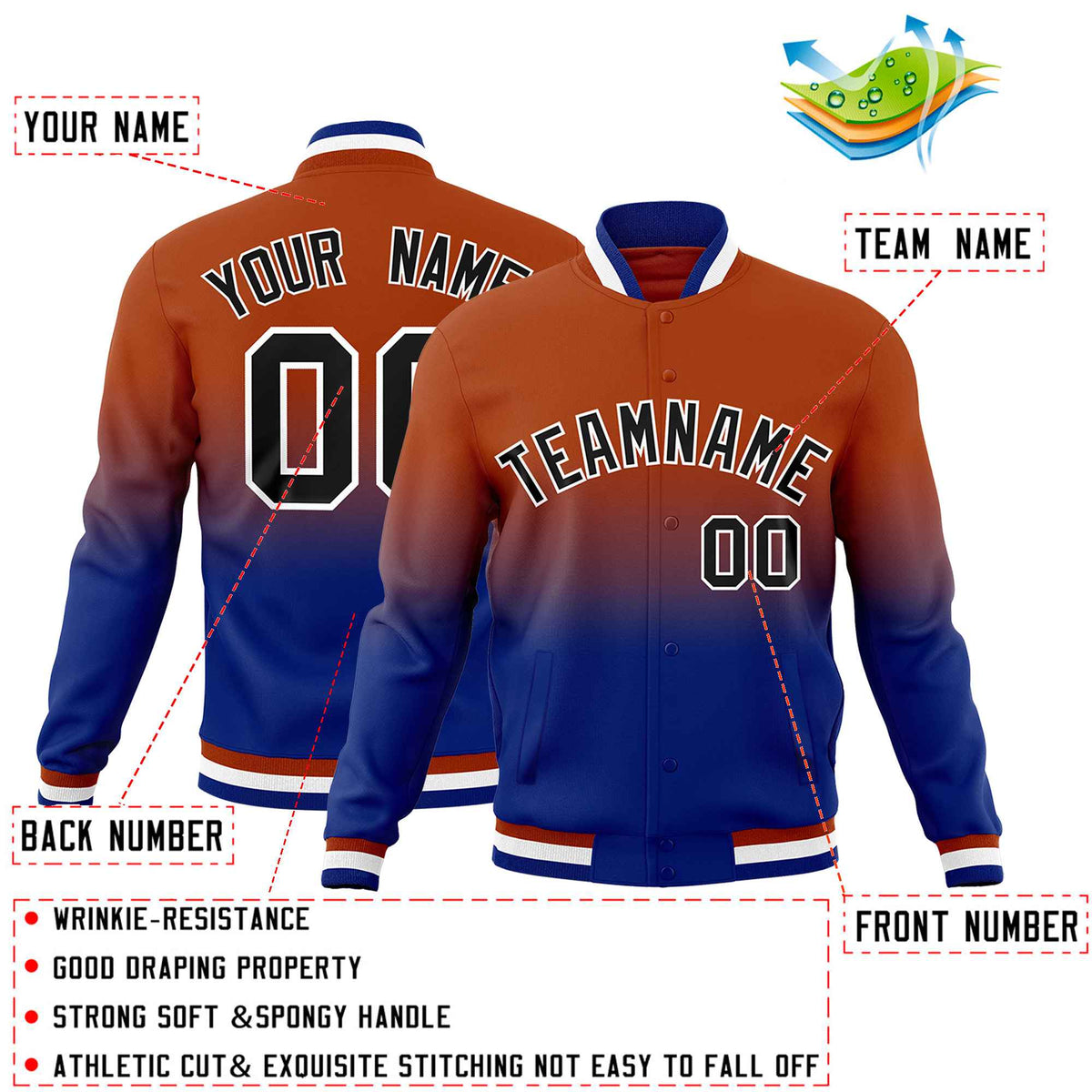 Custom Dark Orange Royal Blue Full-Snap Varsity Personalization Gradient Fashion Letterman Jacket